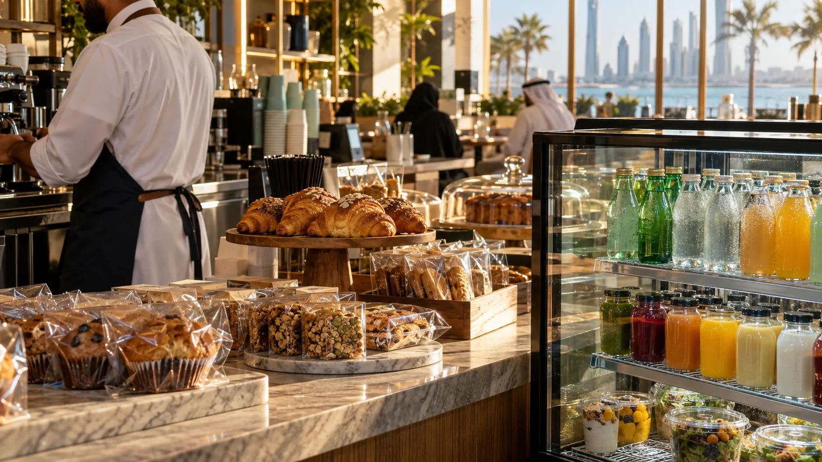 Illustrative packaged snacks and chilled drinks at a Gulf cafe counter