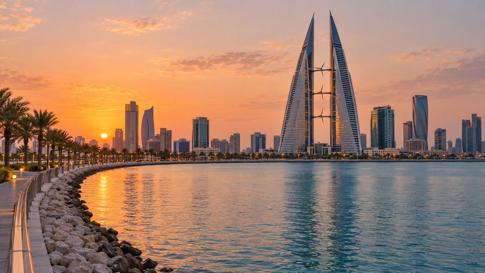 Illustrative Bahrain waterfront at sunset