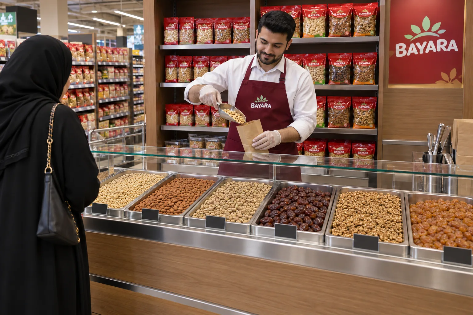 Illustrative Bayara nut and dried fruit counter with separate product trays